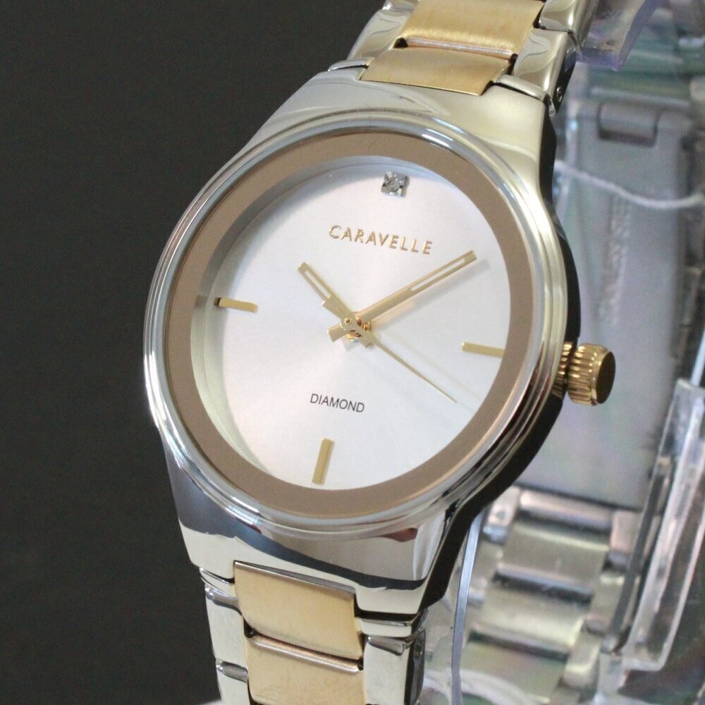Caravelle Ladies Modern Design Watch By Bulova Diamond At 12 Silver - Gold Tone